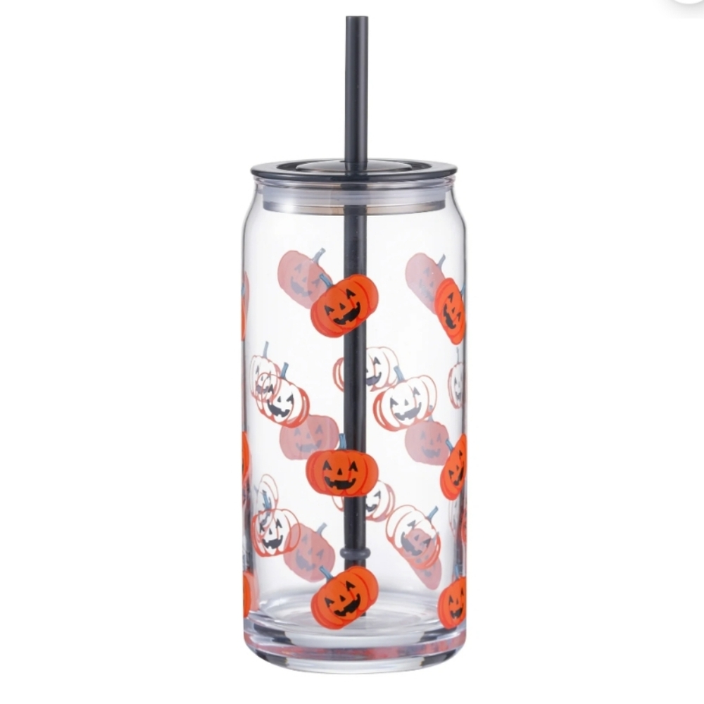 Halloween Pumpkin Glass Tumbler with Straw (2)